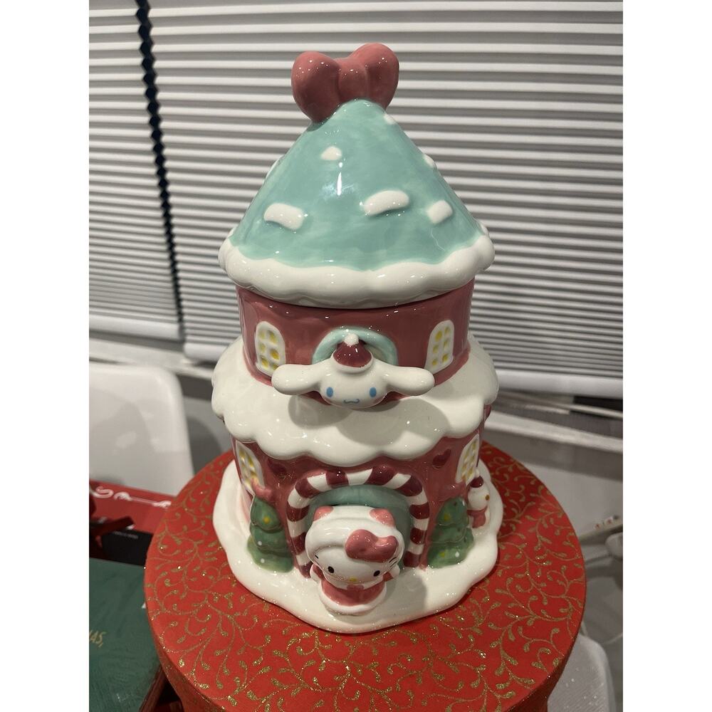 RARE Sanrio Hello Kitty Cinnamoroll Christmas Holiday House Ceramic Cookie Jar